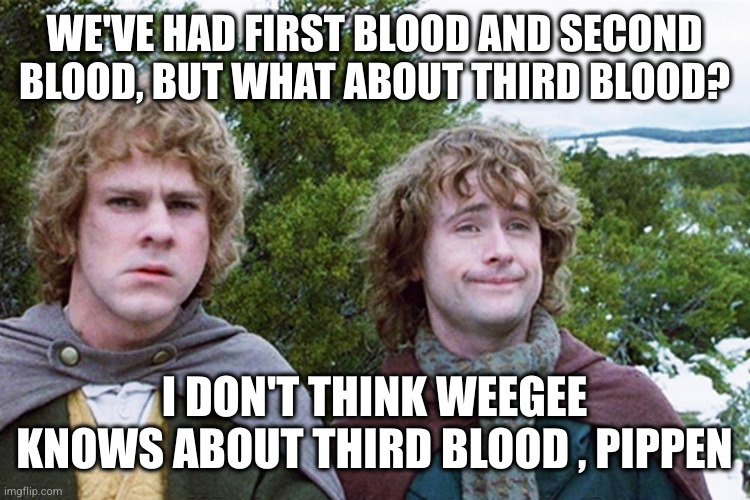 hobbits | WE'VE HAD FIRST BLOOD AND SECOND BLOOD, BUT WHAT ABOUT THIRD BLOOD? I DON'T THINK WEEGEE KNOWS ABOUT THIRD BLOOD , PIPPEN | image tagged in hobbits | made w/ Imgflip meme maker