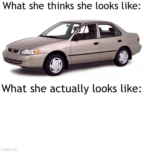 You’ve been Toyota Corolla’d | What she thinks she looks like:; What she actually looks like: | image tagged in 2000 toyota corolla | made w/ Imgflip meme maker