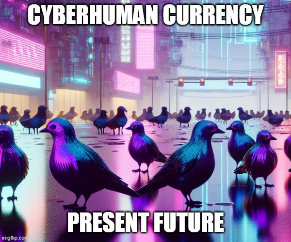 CyberHuman Currency | CYBERHUMAN CURRENCY; PRESENT FUTURE | image tagged in memes,birds | made w/ Imgflip meme maker