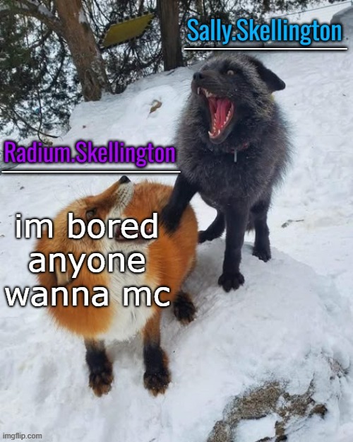 Radium and Sally temp | im bored anyone wanna mc | image tagged in radium and sally temp | made w/ Imgflip meme maker