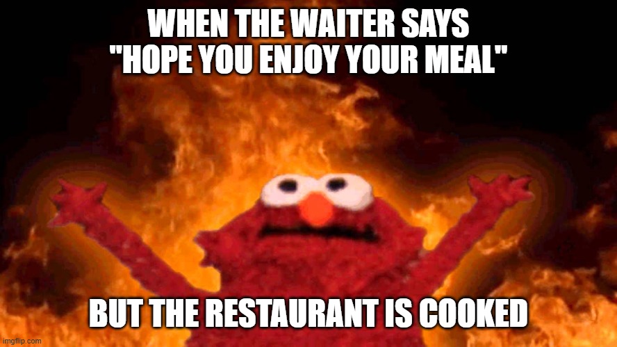 WHEN THE WAITER SAYS "HOPE YOU ENJOY YOUR MEAL" BUT THE RESTAURANT IS COOKED | image tagged in elmo fire | made w/ Imgflip meme maker