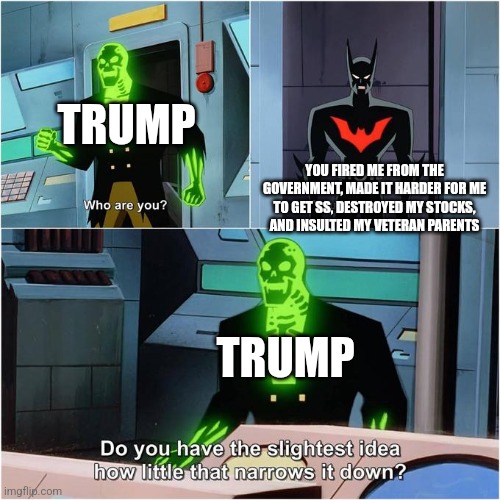 Suckers and losers was what he said | TRUMP; YOU FIRED ME FROM THE GOVERNMENT, MADE IT HARDER FOR ME TO GET SS, DESTROYED MY STOCKS, AND INSULTED MY VETERAN PARENTS; TRUMP | image tagged in do you have the slightest idea how little that narrows it down | made w/ Imgflip meme maker