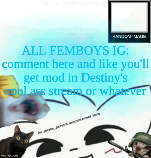 My lil announcement | ALL FEMBOYS IG: comment here and like you'll get mod in Destiny's cool ass stream or whatever | image tagged in my lil announcement | made w/ Imgflip meme maker