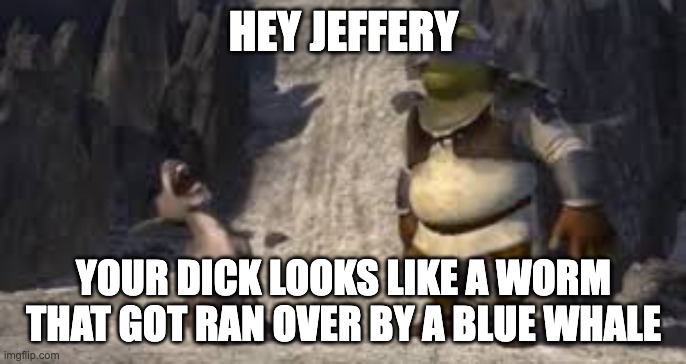 Shrek and donkey laughing | HEY JEFFERY; YOUR DICK LOOKS LIKE A WORM THAT GOT RAN OVER BY A BLUE WHALE | image tagged in shrek and donkey laughing | made w/ Imgflip meme maker