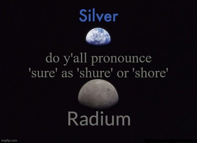 Silver and Radium's Shared Space Template | do y'all pronounce 'sure' as 'shure' or 'shore' | image tagged in silver and radium's shared space template | made w/ Imgflip meme maker