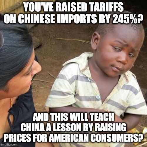Third World Skeptical Kid Meme | YOU'VE RAISED TARIFFS ON CHINESE IMPORTS BY 245%? AND THIS WILL TEACH CHINA A LESSON BY RAISING PRICES FOR AMERICAN CONSUMERS? | image tagged in memes,third world skeptical kid | made w/ Imgflip meme maker