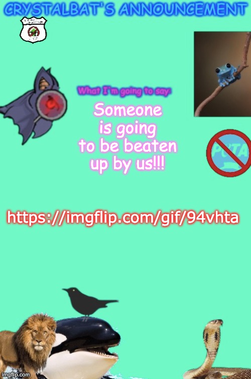 CrystalBat's Announcement | Someone is going to be beaten up by us!!! https://imgflip.com/gif/94vhta | image tagged in crystalbat's announcement | made w/ Imgflip meme maker