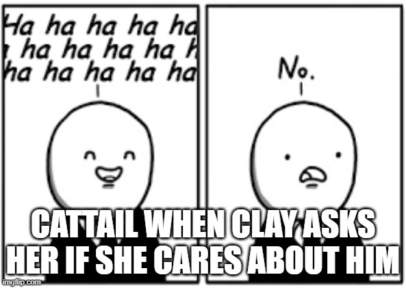 oop- | CATTAIL WHEN CLAY ASKS HER IF SHE CARES ABOUT HIM | image tagged in ahaha no,clay,wof,wings of fire | made w/ Imgflip meme maker