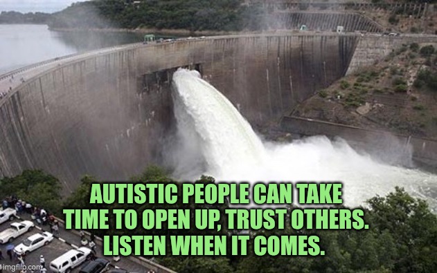 Autistic trust | AUTISTIC PEOPLE CAN TAKE TIME TO OPEN UP, TRUST OTHERS.
LISTEN WHEN IT COMES. | image tagged in floodgate,autism,trust issues | made w/ Imgflip meme maker