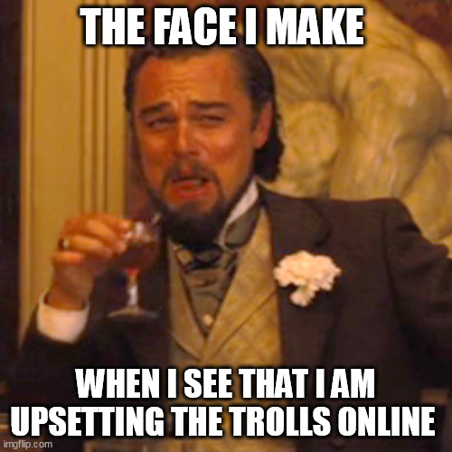 When I see that I am upsetting the trolls online | THE FACE I MAKE; WHEN I SEE THAT I AM UPSETTING THE TROLLS ONLINE | image tagged in memes,laughing leo,funny,trolls,online,social media | made w/ Imgflip meme maker