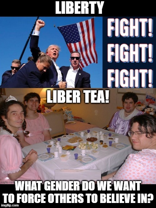 Liberty versus Liber Tea! What gender are we forcing others to believe in today? | WHAT GENDER DO WE WANT TO FORCE OTHERS TO BELIEVE IN? | image tagged in liberty | made w/ Imgflip meme maker