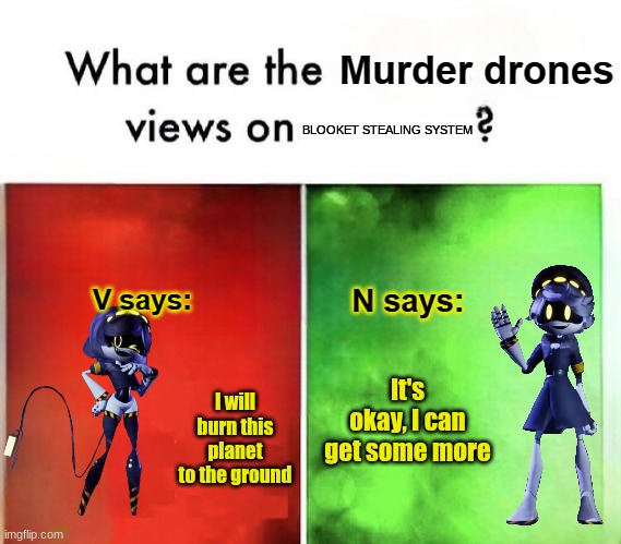 I hate this game (when I don't win) | BLOOKET STEALING SYSTEM; I will burn this planet to the ground; It's okay, I can get some more | image tagged in what are the murder drones views on | made w/ Imgflip meme maker