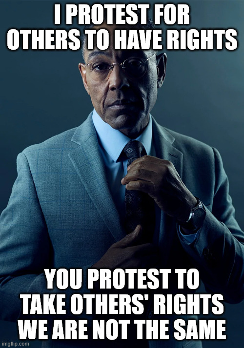 We are not the same | I PROTEST FOR OTHERS TO HAVE RIGHTS; YOU PROTEST TO TAKE OTHERS' RIGHTS WE ARE NOT THE SAME | image tagged in we are not the same | made w/ Imgflip meme maker