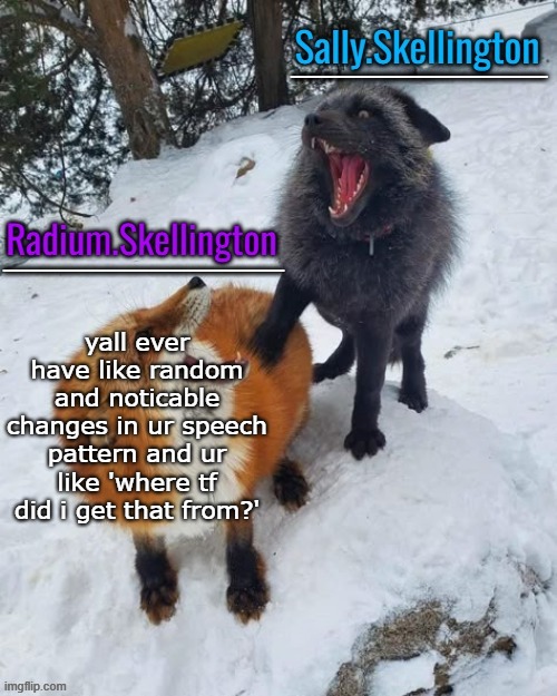 i started saying 'uh huh' and 'shitballs' a lot and idk why | yall ever have like random and noticable changes in ur speech pattern and ur like 'where tf did i get that from?' | image tagged in radium and sally temp | made w/ Imgflip meme maker