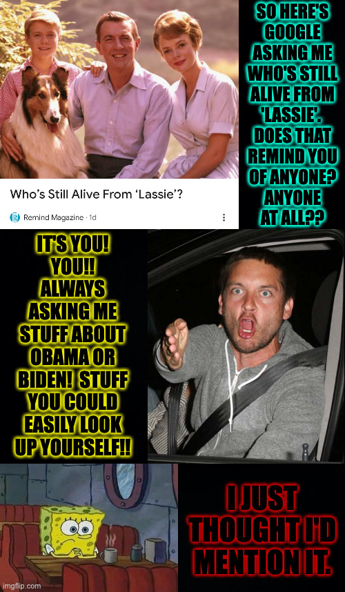 Well Lassie's dead.  And I verified it without consulting Breitbart. | SO HERE'S
GOOGLE
ASKING ME
WHO'S STILL
ALIVE FROM
'LASSIE'. 
DOES THAT
REMIND YOU
OF ANYONE?
ANYONE
AT ALL?? IT'S YOU!
YOU!!
ALWAYS
ASKING ME
STUFF ABOUT
OBAMA OR
BIDEN!  STUFF
YOU COULD
EASILY LOOK
UP YOURSELF!! I JUST THOUGHT I'D MENTION IT. | image tagged in memes,lassie,what a smile | made w/ Imgflip meme maker