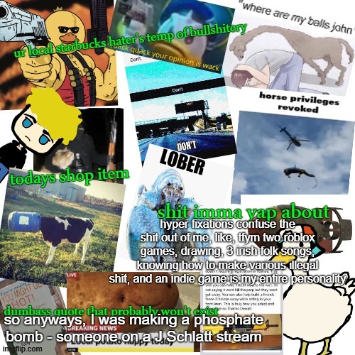 temp of bullshitery | hyper fixations confuse the shit out of me, like, tfym two roblox games, drawing, 3 irish folk songs, knowing how to make various illegal shit, and an indie game is my entire personality; so anyways, I was making a phosphate bomb - someone on a J Schlatt stream | image tagged in temp of bullshitery | made w/ Imgflip meme maker