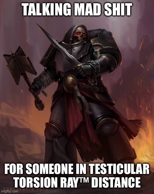 Black templar | TALKING MAD SHIT FOR SOMEONE IN TESTICULAR TORSION RAY™ DISTANCE | image tagged in black templar | made w/ Imgflip meme maker