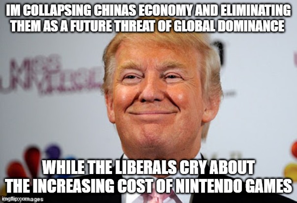 Donald trump approves | IM COLLAPSING CHINAS ECONOMY AND ELIMINATING THEM AS A FUTURE THREAT OF GLOBAL DOMINANCE; WHILE THE LIBERALS CRY ABOUT THE INCREASING COST OF NINTENDO GAMES | image tagged in donald trump approves | made w/ Imgflip meme maker