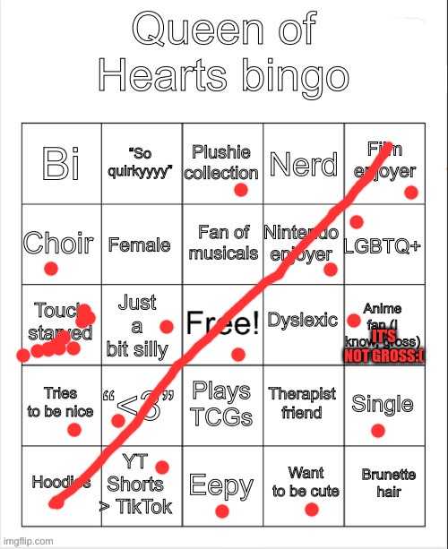 Being an anime fan itself isn't gross, the way SOME anime fans are is. | IT'S NOT GROSS:( | image tagged in queen of hearts bingo | made w/ Imgflip meme maker