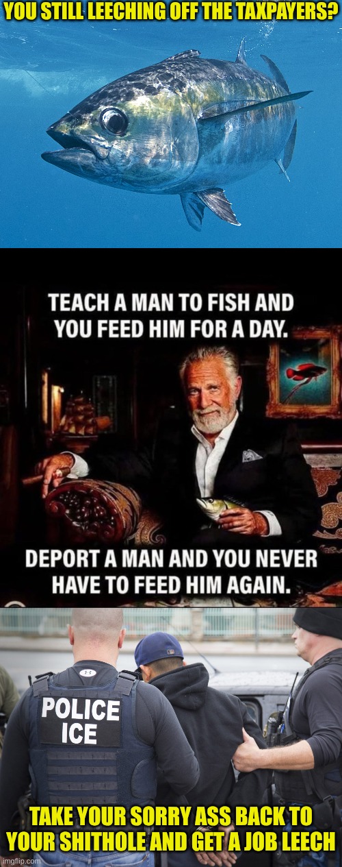 Adios amigos. Enjoy your El Salvadorian Vacation | YOU STILL LEECHING OFF THE TAXPAYERS? TAKE YOUR SORRY ASS BACK TO YOUR SHITHOLE AND GET A JOB LEECH | image tagged in tuna fish,crimmigrant deportation | made w/ Imgflip meme maker