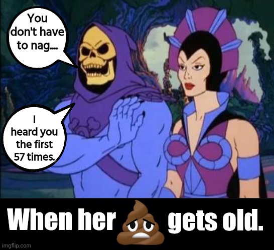 You don't have to nag, I heard you | You don't have to nag.... I heard you the first 57 times. When her; gets old. | image tagged in skeletor with evil lyn,black background,nagging wife | made w/ Imgflip meme maker