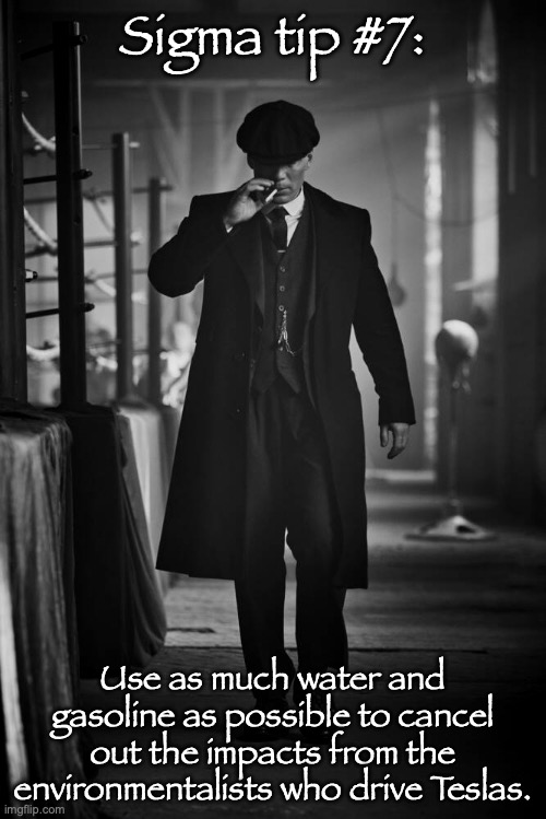 Peaky Blinders | Sigma tip #7:; Use as much water and gasoline as possible to cancel out the impacts from the environmentalists who drive Teslas. | image tagged in peaky blinders | made w/ Imgflip meme maker
