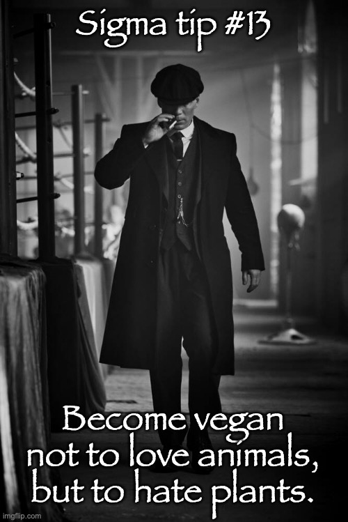 Peaky Blinders | Sigma tip #13; Become vegan not to love animals, but to hate plants. | image tagged in peaky blinders | made w/ Imgflip meme maker