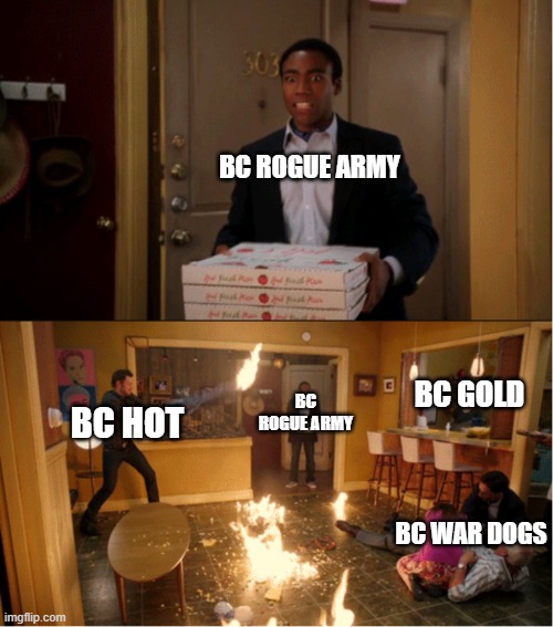 Community Fire Pizza Meme | BC ROGUE ARMY; BC GOLD; BC ROGUE ARMY; BC HOT; BC WAR DOGS | image tagged in community fire pizza meme | made w/ Imgflip meme maker