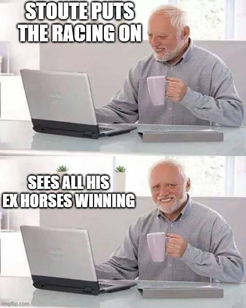 Hide the Pain Harold Meme | STOUTE PUTS THE RACING ON; SEES ALL HIS EX HORSES WINNING | image tagged in memes,hide the pain harold | made w/ Imgflip meme maker