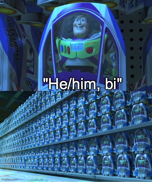 Buzz lightyear clones | "He/him, bi" | image tagged in buzz lightyear clones | made w/ Imgflip meme maker
