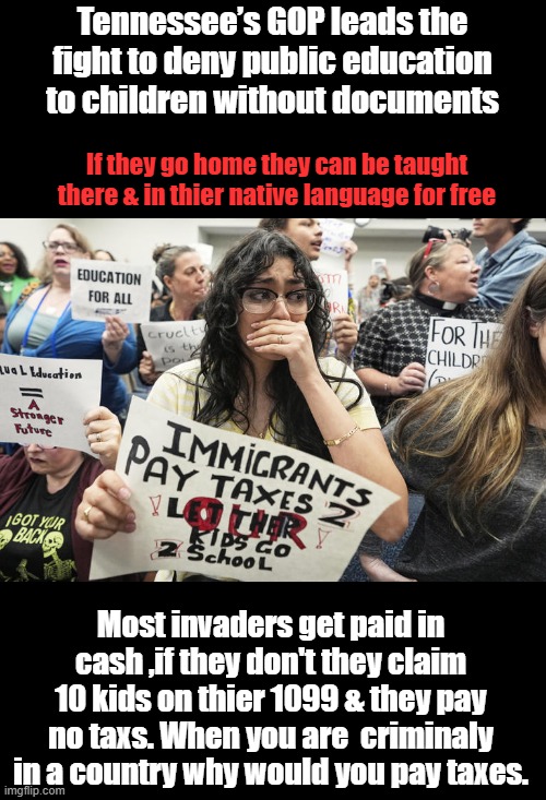 They deman thier kids be taught in thier native language, our system are set up for english not 300 languages | Tennessee’s GOP leads the fight to deny public education to children without documents; If they go home they can be taught there & in thier native language for free; Most invaders get paid in cash ,if they don't they claim 10 kids on thier 1099 & they pay no taxs. When you are  criminaly in a country why would you pay taxes. | made w/ Imgflip meme maker