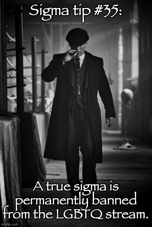 Peaky Blinders | Sigma tip #35:; A true sigma is permanently banned from the LGBTQ stream. | image tagged in peaky blinders | made w/ Imgflip meme maker