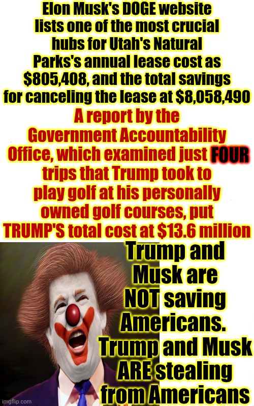 Liars, Con Men And Petty Thieves | Elon Musk's DOGE website lists one of the most crucial hubs for Utah's Natural Parks's annual lease cost as $805,408, and the total savings for canceling the lease at $8,058,490; A report by the Government Accountability Office, which examined just FOUR trips that Trump took to play golf at his personally owned golf courses, put TRUMP'S total cost at $13.6 million; FOUR; Trump and Musk are NOT saving Americans.  Trump and Musk ARE stealing from Americans | image tagged in memes,clown applying makeup,donald trump is a convicted rapist,elon musk laughing,maga,stupid criminals | made w/ Imgflip meme maker