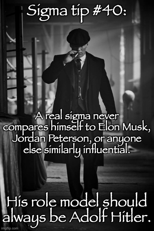 Peaky Blinders | Sigma tip #40:; A real sigma never compares himself to Elon Musk, Jordan Peterson, or anyone else similarly influential. His role model should always be Adolf Hitler. | image tagged in peaky blinders | made w/ Imgflip meme maker