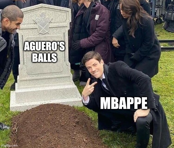 Peace sign tombstone | AGUERO'S BALLS; MBAPPE | image tagged in peace sign tombstone | made w/ Imgflip meme maker