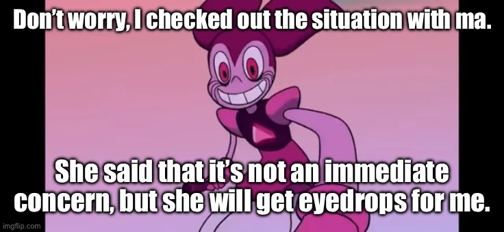 Ma knows best. | Don’t worry, I checked out the situation with ma. She said that it’s not an immediate concern, but she will get eyedrops for me. | image tagged in event template | made w/ Imgflip meme maker