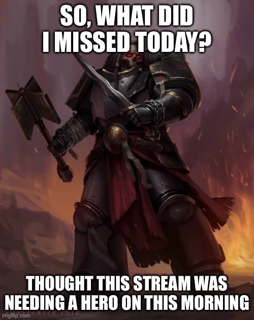 Black templar | SO, WHAT DID I MISSED TODAY? THOUGHT THIS STREAM WAS NEEDING A HERO ON THIS MORNING | image tagged in black templar | made w/ Imgflip meme maker