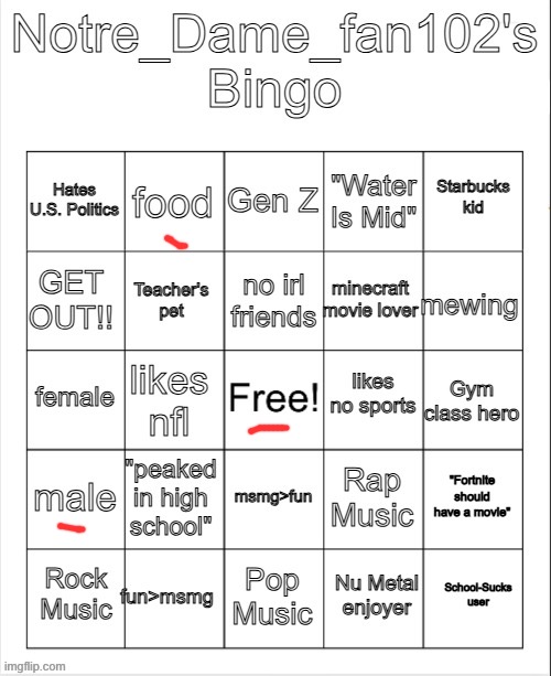 Notre_Dame_Fan102's Bingo | image tagged in notre_dame_fan102's bingo | made w/ Imgflip meme maker