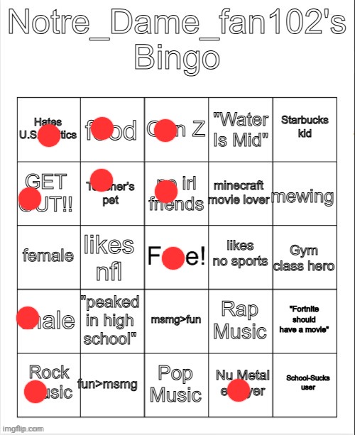 Notre_Dame_Fan102's Bingo | image tagged in notre_dame_fan102's bingo | made w/ Imgflip meme maker