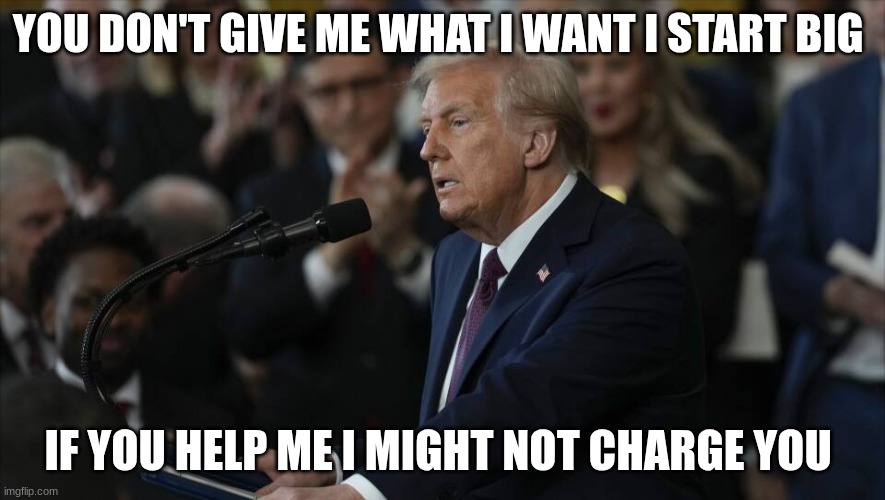 trump | YOU DON'T GIVE ME WHAT I WANT I START BIG IF YOU HELP ME I MIGHT NOT CHARGE YOU | image tagged in trump | made w/ Imgflip meme maker