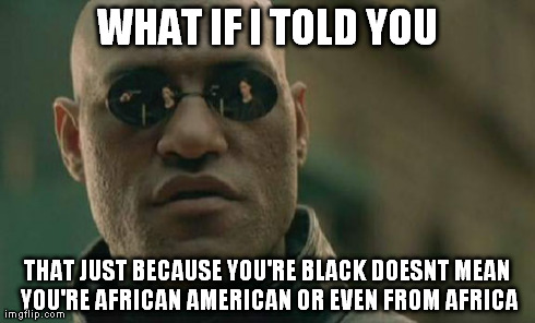 Matrix Morpheus Meme | WHAT IF I TOLD YOU THAT JUST BECAUSE YOU'RE BLACK DOESNT MEAN YOU'RE AFRICAN AMERICAN OR EVEN FROM AFRICA | image tagged in memes,matrix morpheus | made w/ Imgflip meme maker