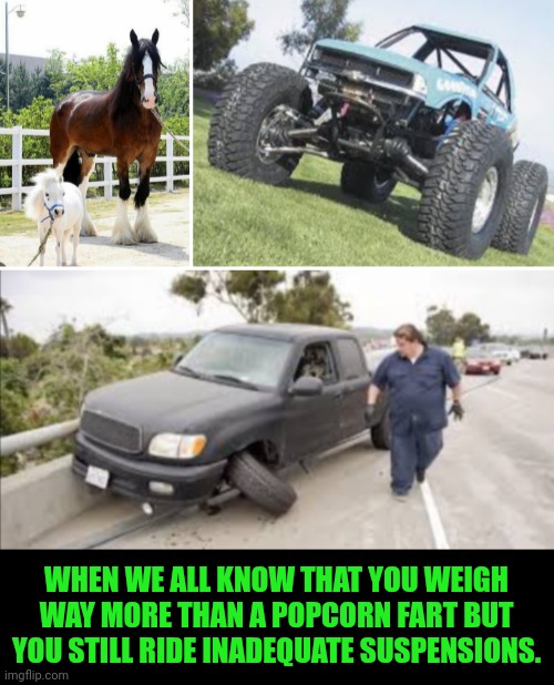 Funny | WHEN WE ALL KNOW THAT YOU WEIGH WAY MORE THAN A POPCORN FART BUT YOU STILL RIDE INADEQUATE SUSPENSIONS. | image tagged in funny,fat,heavy fact,suspension,truck,when you see it | made w/ Imgflip meme maker