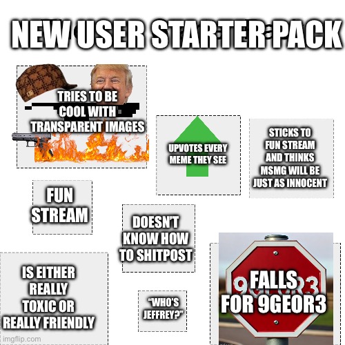 The ____ Starter Pack | NEW USER STARTER PACK; TRIES TO BE COOL WITH TRANSPARENT IMAGES; STICKS TO FUN STREAM AND THINKS MSMG WILL BE JUST AS INNOCENT; UPVOTES EVERY MEME THEY SEE; FUN STREAM; DOESN’T KNOW HOW TO SHITPOST; FALLS FOR 9GEOR3; IS EITHER REALLY TOXIC OR REALLY FRIENDLY; “WHO’S JEFFREY?” | image tagged in the ____ starter pack | made w/ Imgflip meme maker