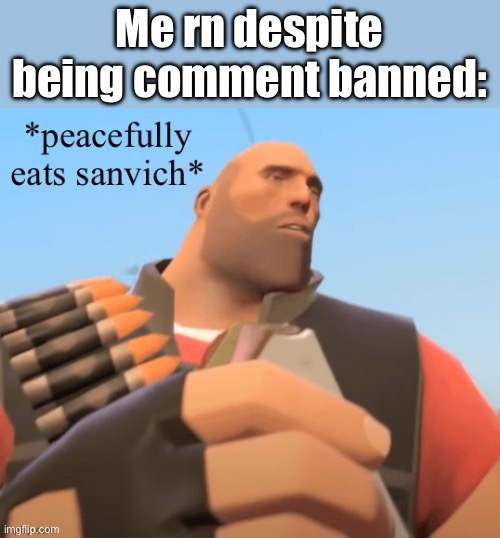 It’s a spicy chicken sanvich. | Me rn despite being comment banned: | image tagged in peacefully eats sanvich | made w/ Imgflip meme maker