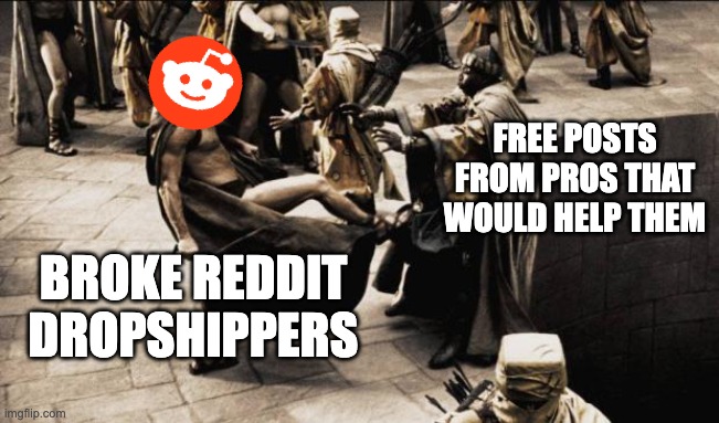 Broke Reddit Dropshippers | FREE POSTS FROM PROS THAT WOULD HELP THEM; BROKE REDDIT DROPSHIPPERS | image tagged in madness - this is sparta | made w/ Imgflip meme maker