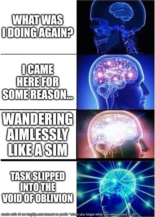 Expanding Brain Meme | WHAT WAS I DOING AGAIN? I CAME HERE FOR SOME REASON... WANDERING AIMLESSLY LIKE A SIM; TASK SLIPPED INTO THE VOID OF OBLIVION | image tagged in memes,expanding brain | made w/ Imgflip meme maker