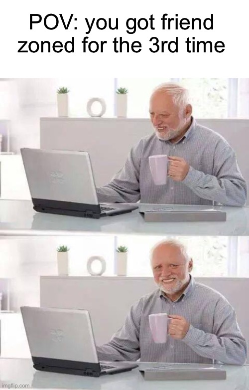 Based on a true story | POV: you got friend zoned for the 3rd time | image tagged in memes,hide the pain harold | made w/ Imgflip meme maker