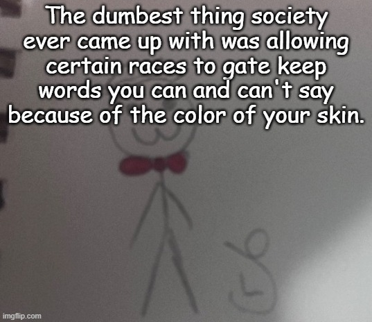 :3 stickman | The dumbest thing society ever came up with was allowing certain races to gate keep words you can and can't say because of the color of your skin. | image tagged in 3 stickman | made w/ Imgflip meme maker
