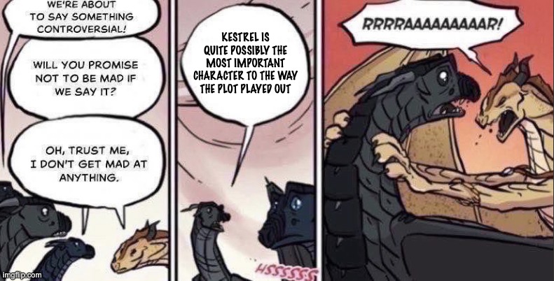 Thorn anger | KESTREL IS QUITE POSSIBLY THE MOST IMPORTANT CHARACTER TO THE WAY THE PLOT PLAYED OUT | image tagged in thorn anger | made w/ Imgflip meme maker