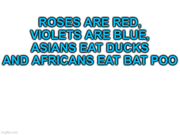 Ka ka | ROSES ARE RED, VIOLETS ARE BLUE, ASIANS EAT DUCKS AND AFRICANS EAT BAT POO | made w/ Imgflip meme maker